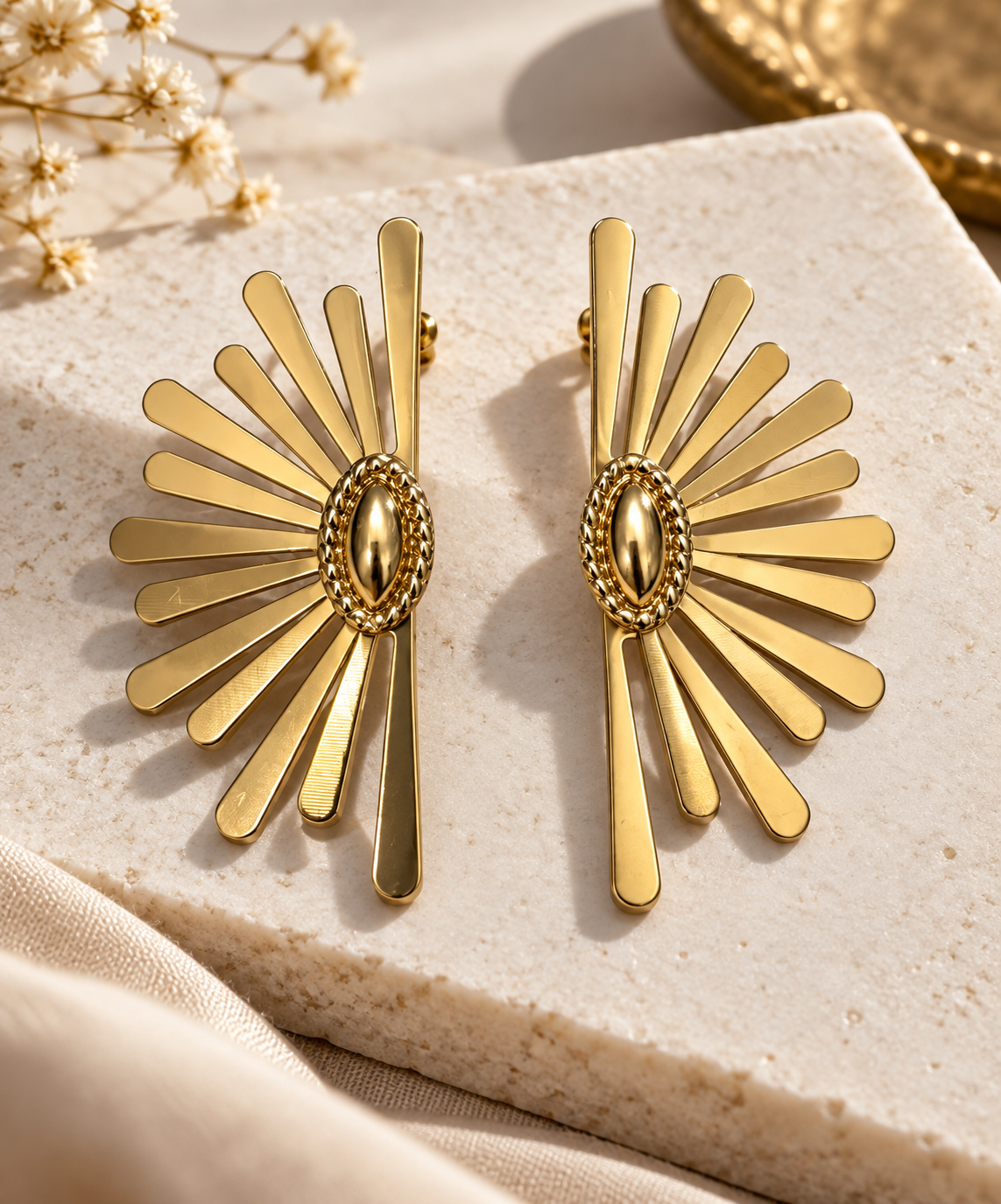 Anti-Tarnish Gold Sunburst Earrings for Women | Statement Fan-Shaped Earrings