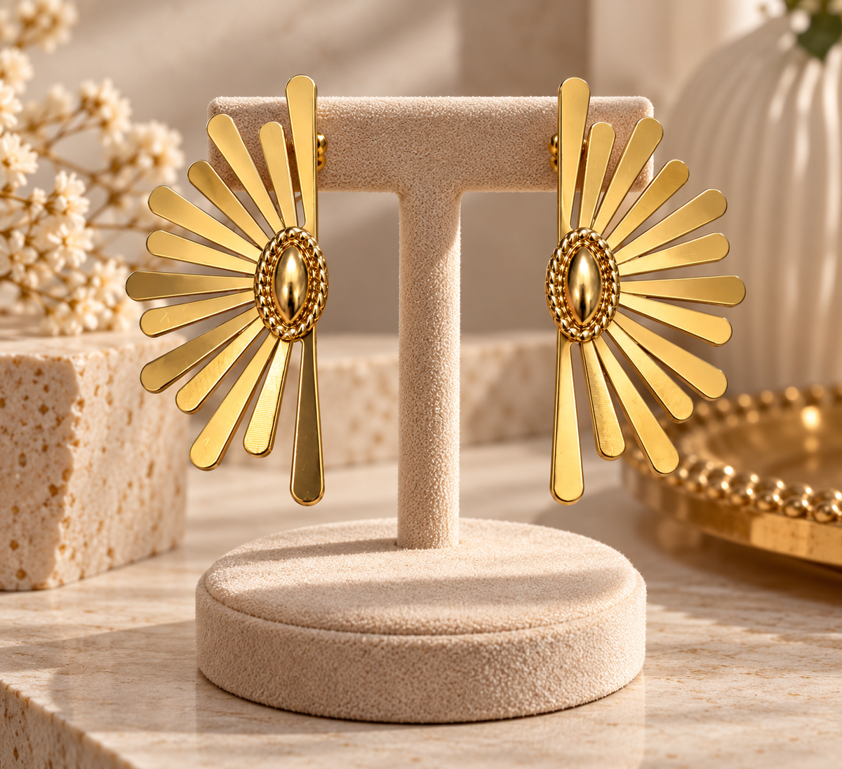 Anti-Tarnish Gold Sunburst Earrings for Women | Statement Fan-Shaped Earrings