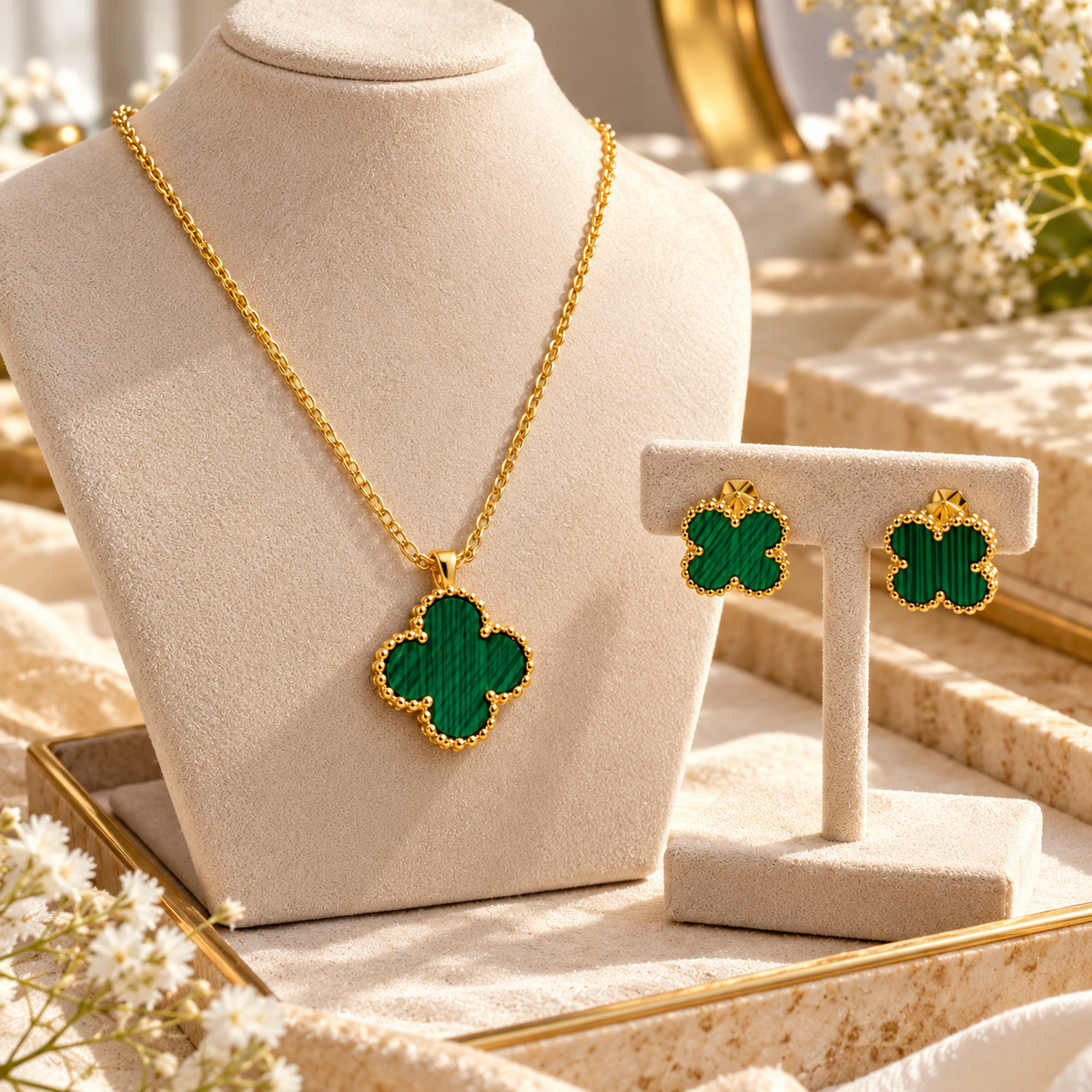 Green Malachite Clover Pendant Necklace & Stud Earrings Set | Gold-Tone Quatrefoil Jewelry