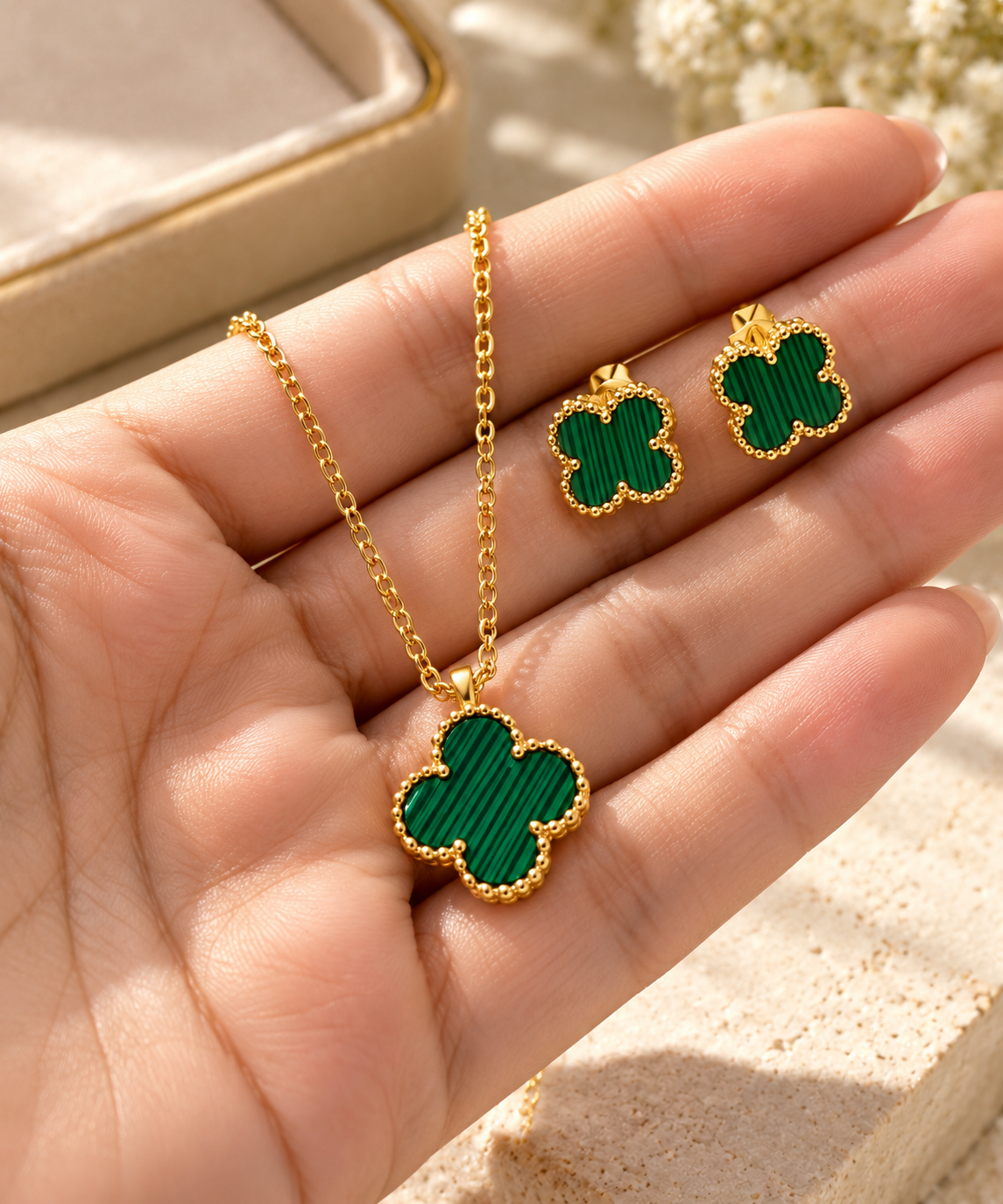 Green Malachite Clover Pendant Necklace & Stud Earrings Set | Gold-Tone Quatrefoil Jewelry
