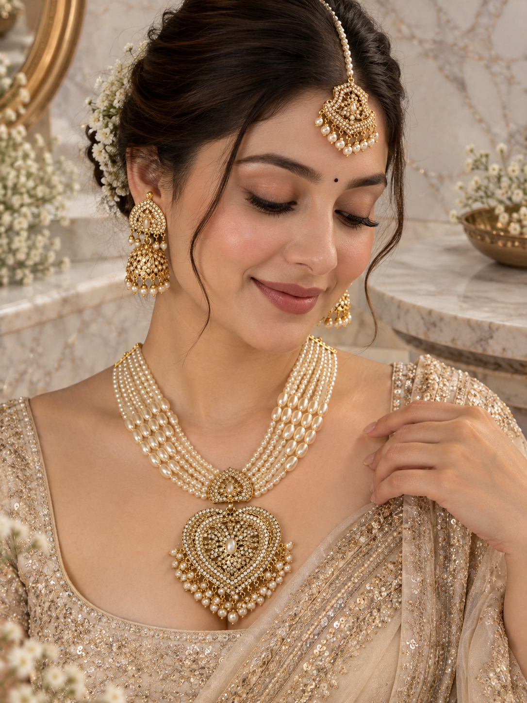 Hyderabadi Jadau Kundan Pearl Jewellery Set with Jhumkas & Maang Tikka