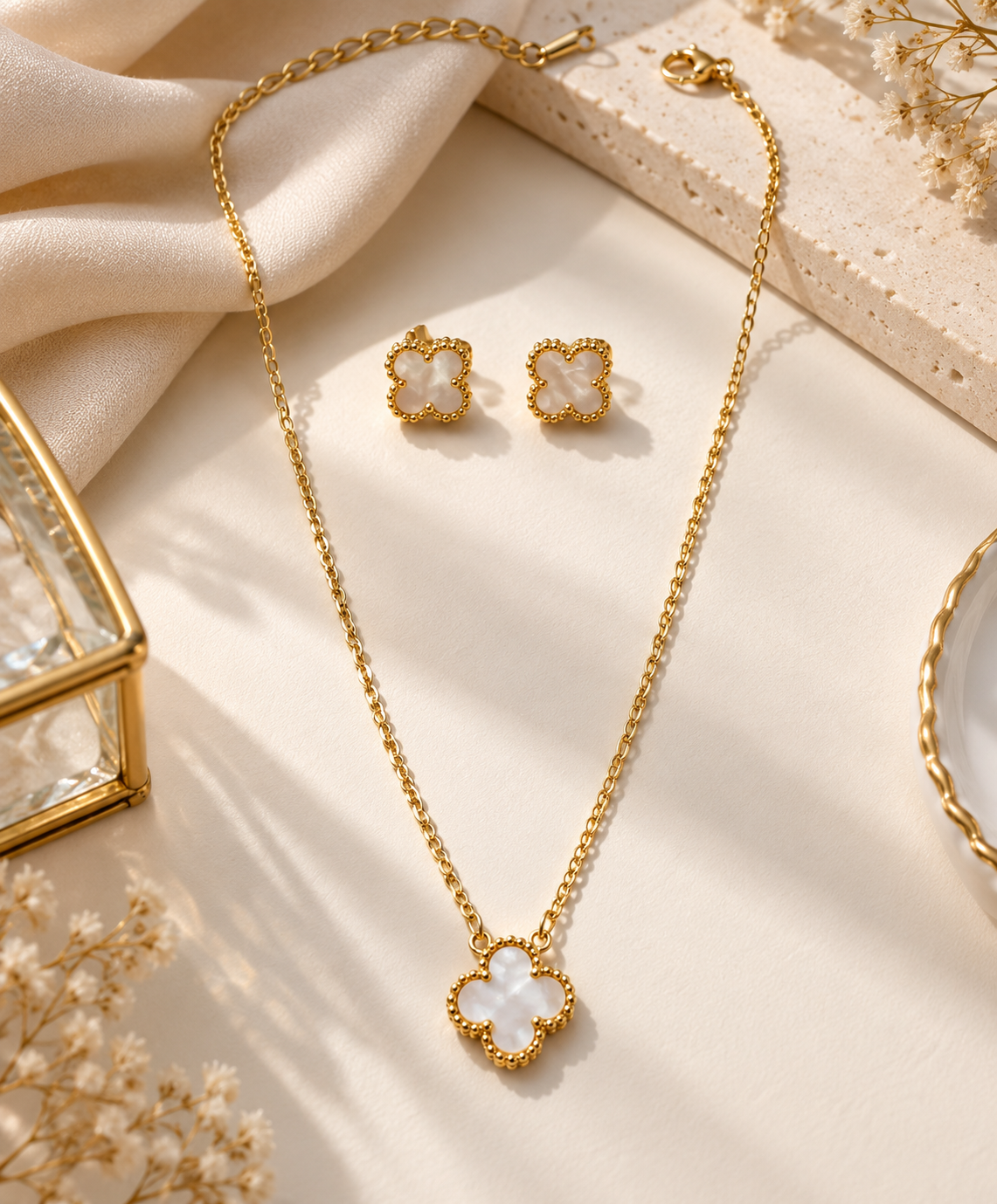 Mother of Pearl Clover Pendant Necklace & Matching Stud Earrings Set | Elegant Gold-Tone Jewelry