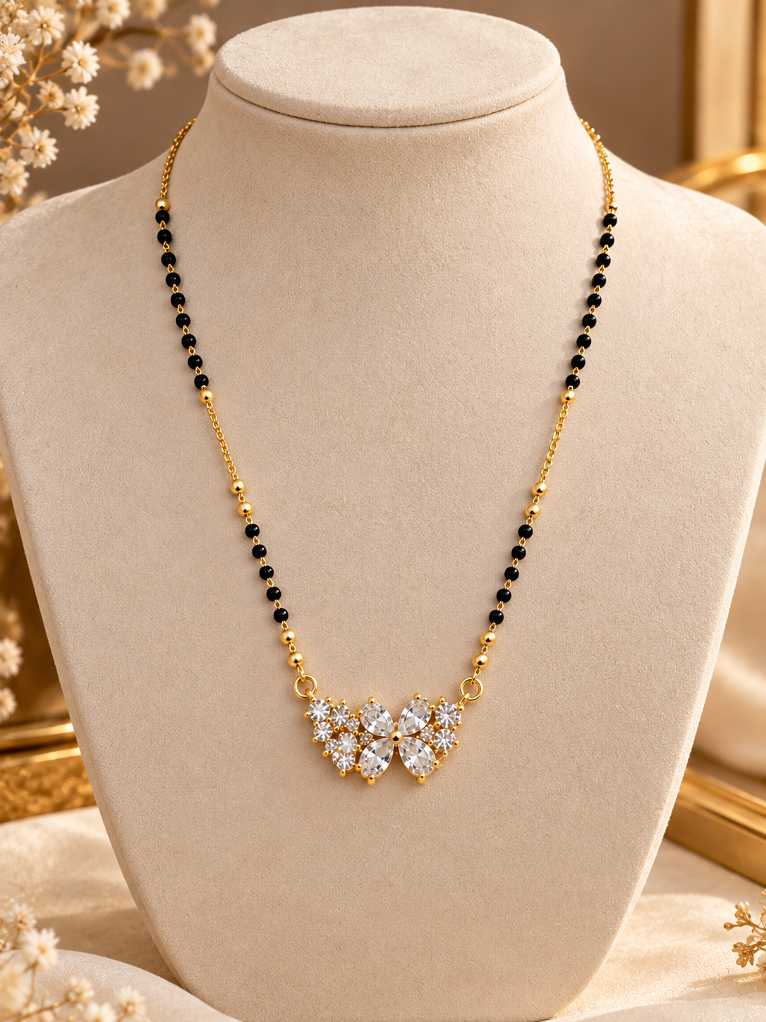 Elegant Butterfly Crystal Mangalsutra – Gold & Black Beaded Necklace