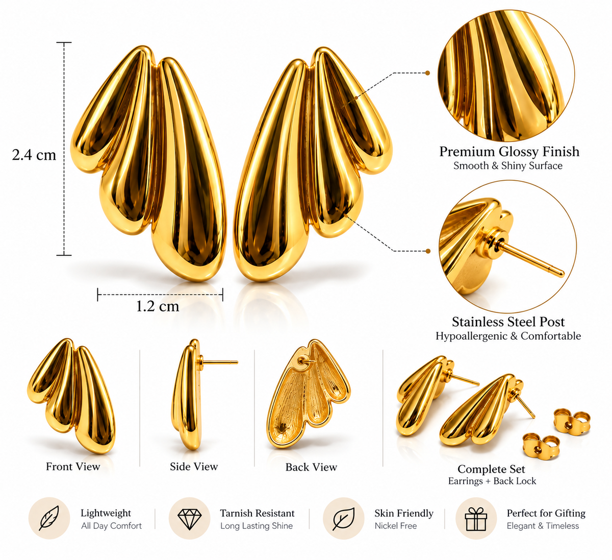 Anti Tarnish Gold Teardrop Earrings for Women