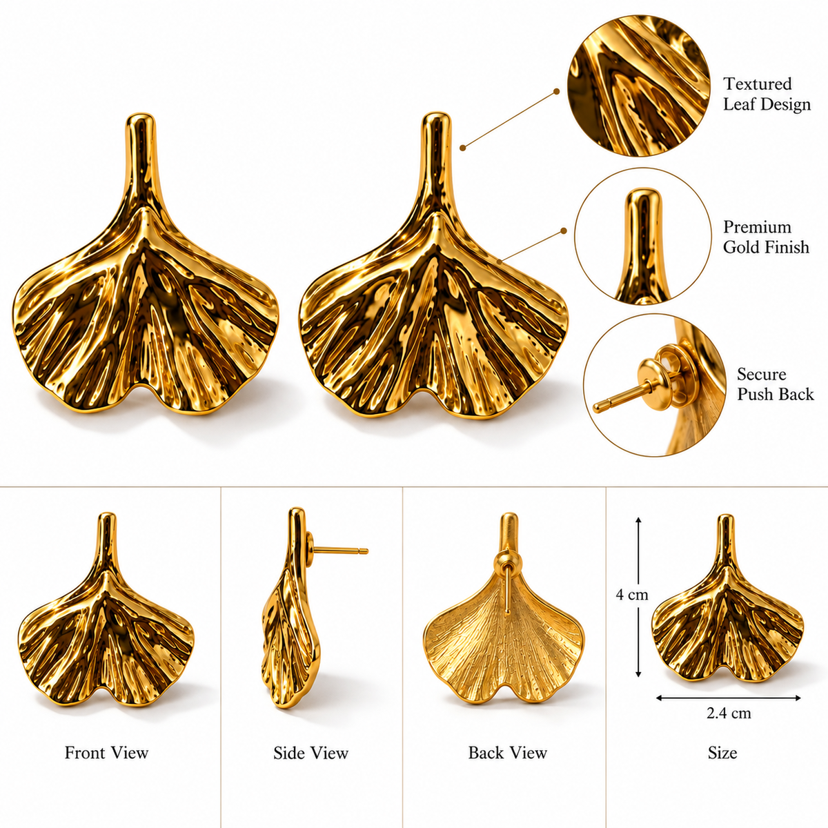 Gold Leaf Statement Earrings for Women | Textured Gold Earrings