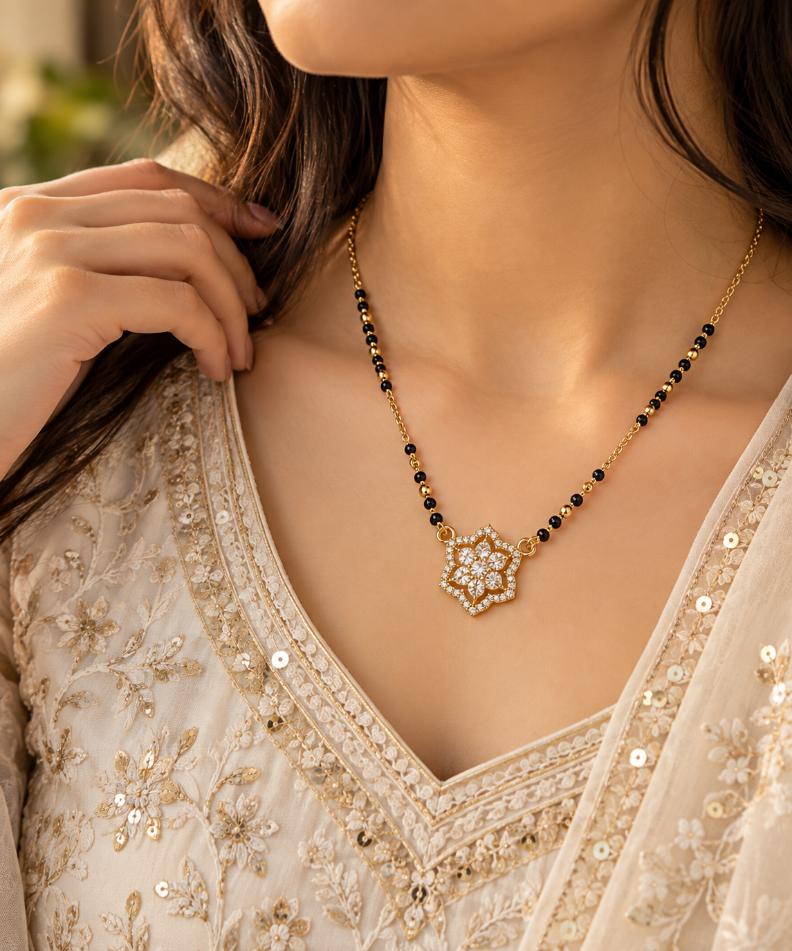 Gold Plated Mangalsutra for Women | Black Beaded Floral CZ Pendant Necklace