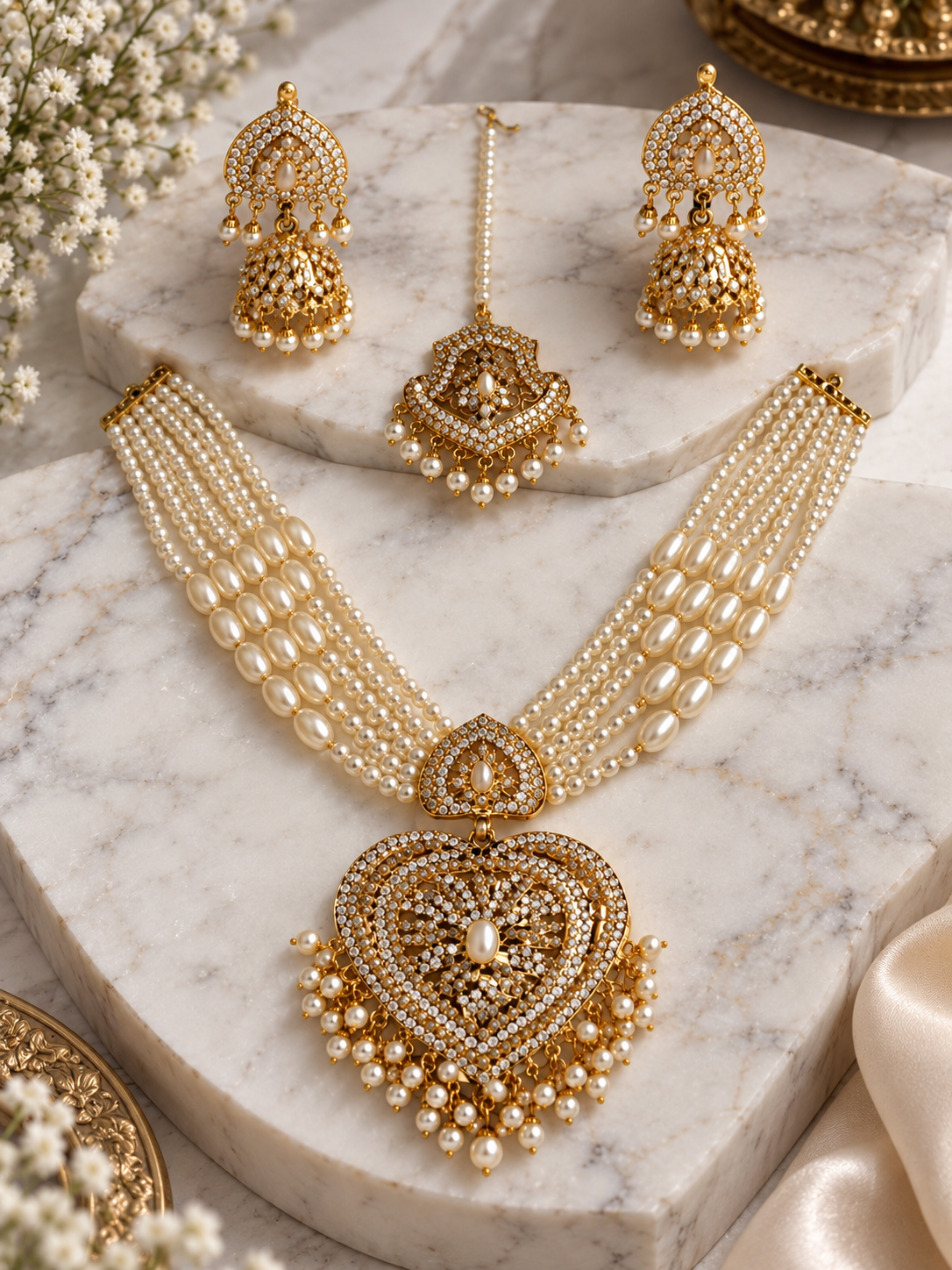 Hyderabadi Jadau Kundan Pearl Jewellery Set with Jhumkas & Maang Tikka