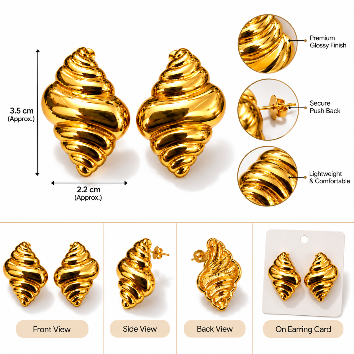Gold Spiral Shell Earrings for Women | Statement Stud Earrings