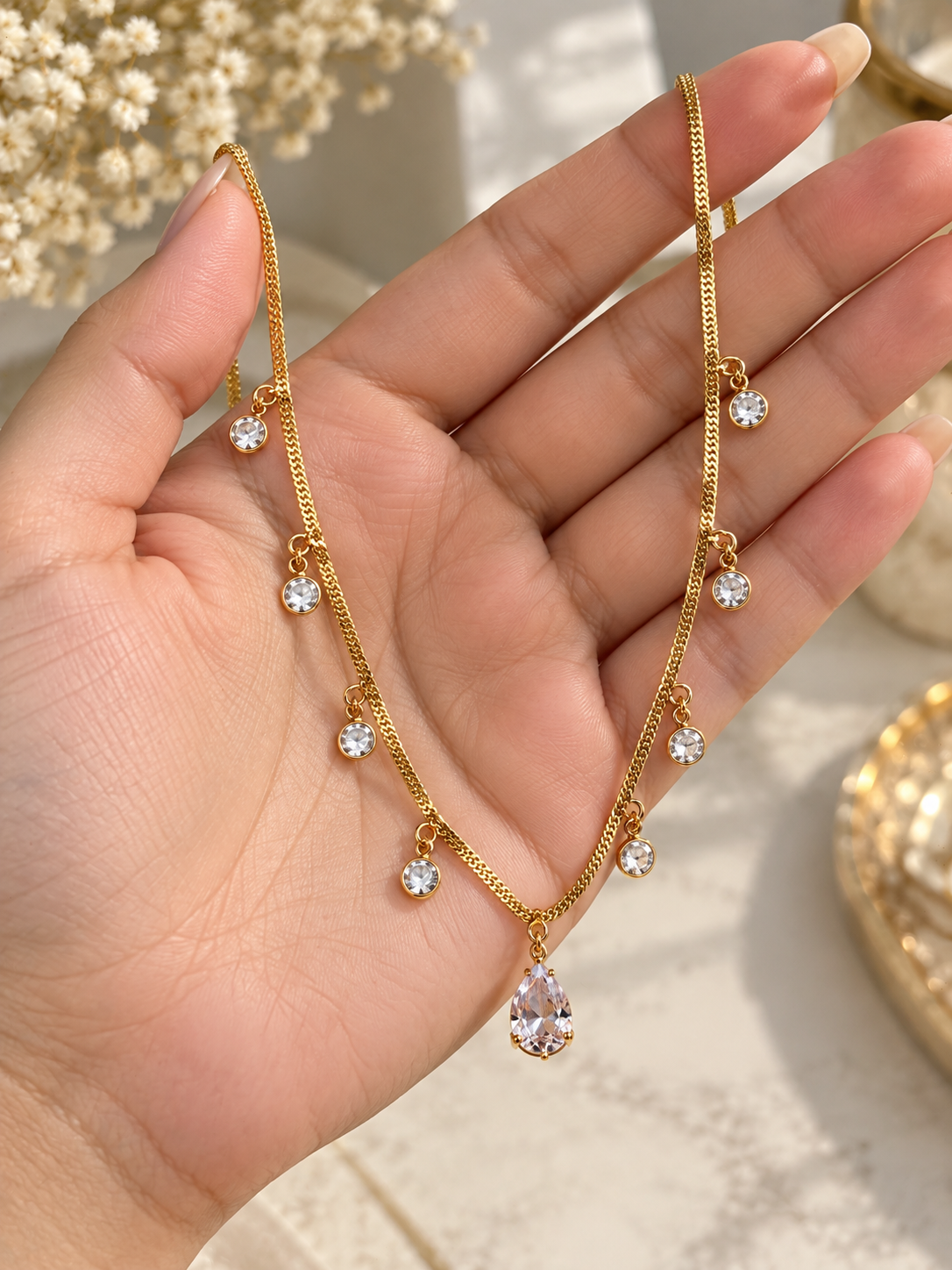 Anti Tarnish Gold Teardrop Pendant Necklace with CZ Charms