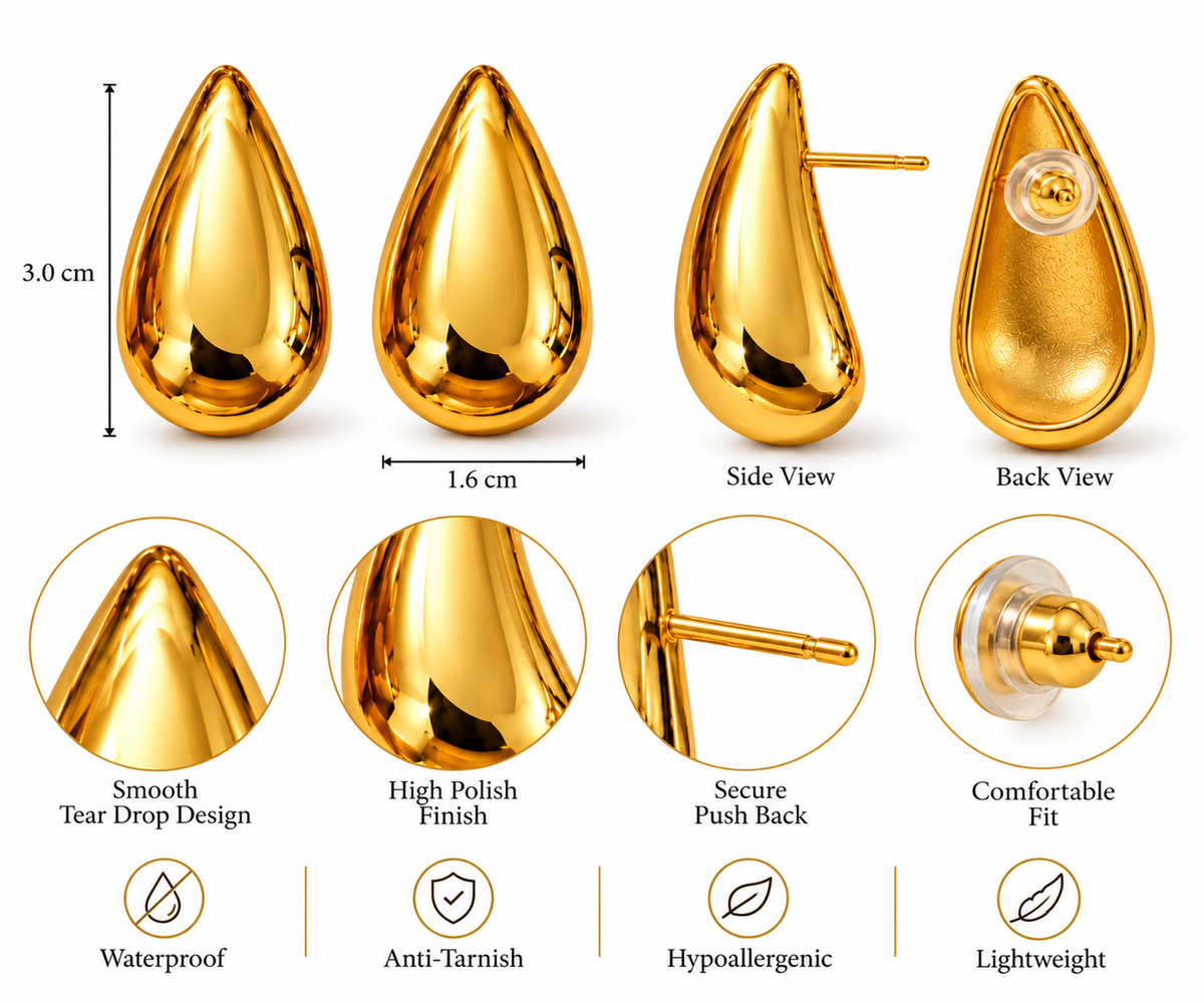Gold Teardrop Earrings for Women | Anti-Tarnish Stainless Steel Drop Earrings