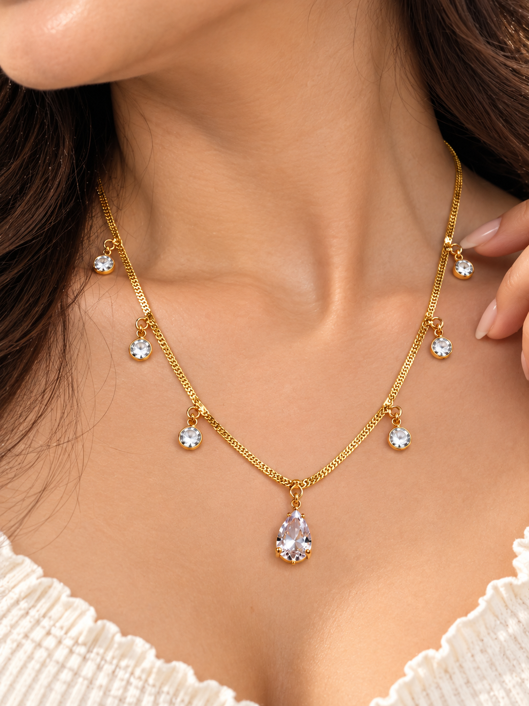 Anti Tarnish Gold Teardrop Pendant Necklace with CZ Charms