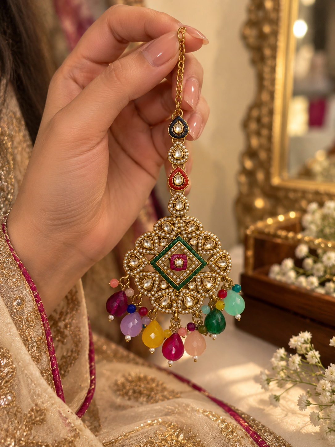 Multicolor Kundan Pearl Mangteeka