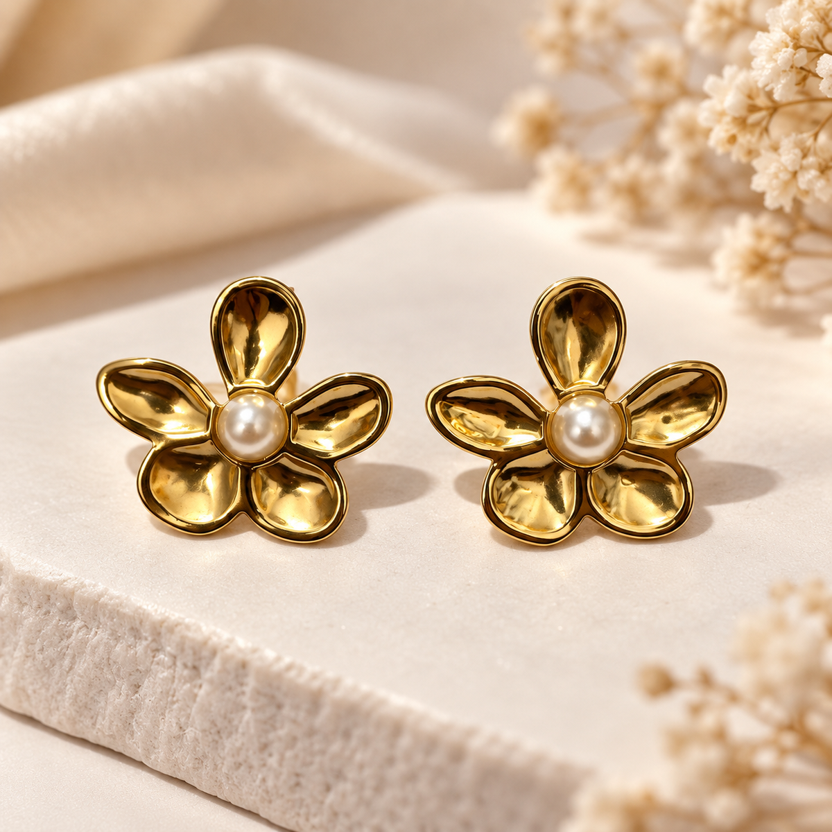 Anti Tarnish Gold Flower Stud Earrings with Pearl | Floral Earrings for Women