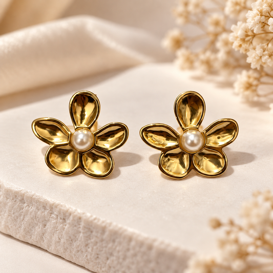 Anti Tarnish Gold Flower Stud Earrings with Pearl | Floral Earrings for Women