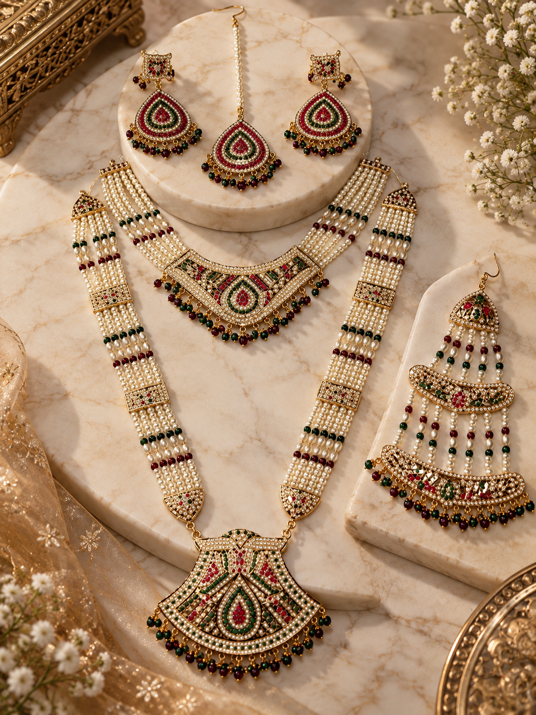 Hyderabadi Jadau Bridal Jewellery Set with Pearl Necklace, Jhumkas, Maang Tikka & Jhoomar