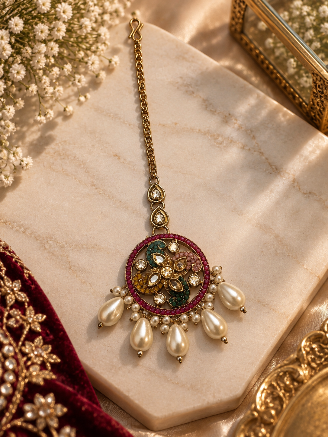 Multicolor Meenakari Pearl Maang Tikka