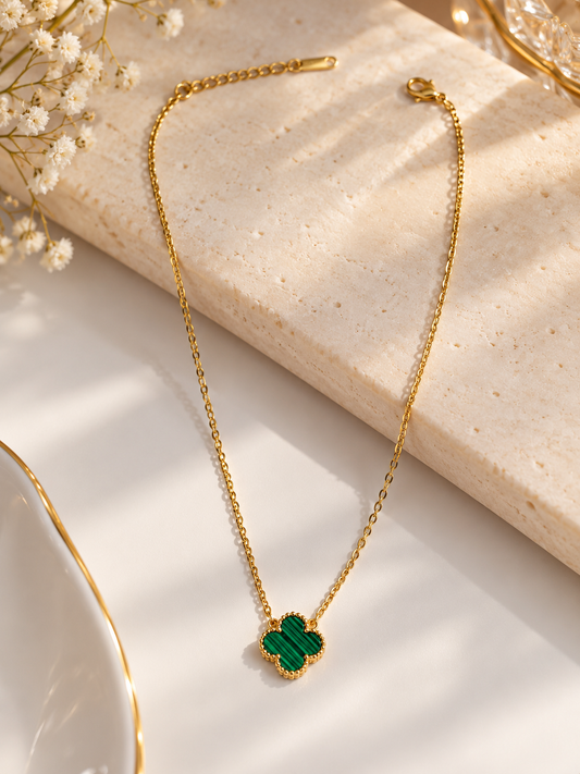 Green Malachite Clover Pendant Necklace for Women | Gold-Plated Quatrefoil Necklace