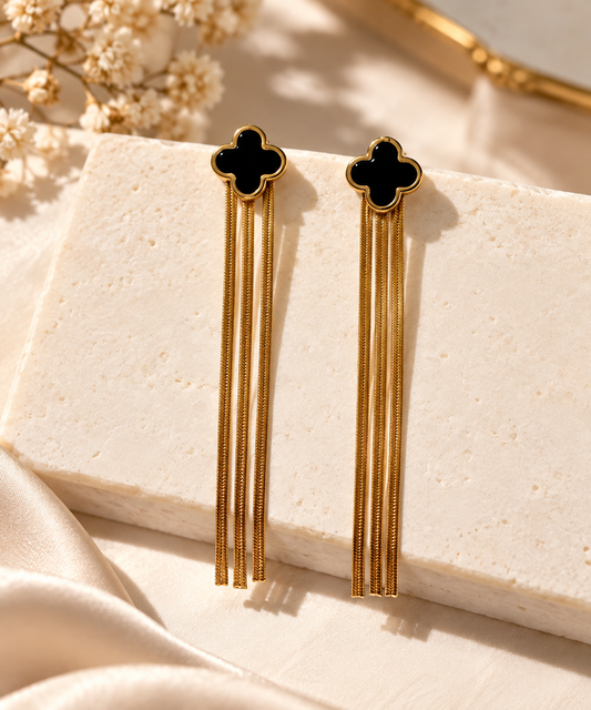 Anti-Tarnish Black Clover Chain Drop Earrings for Women | Gold Long Tassel Earrings
