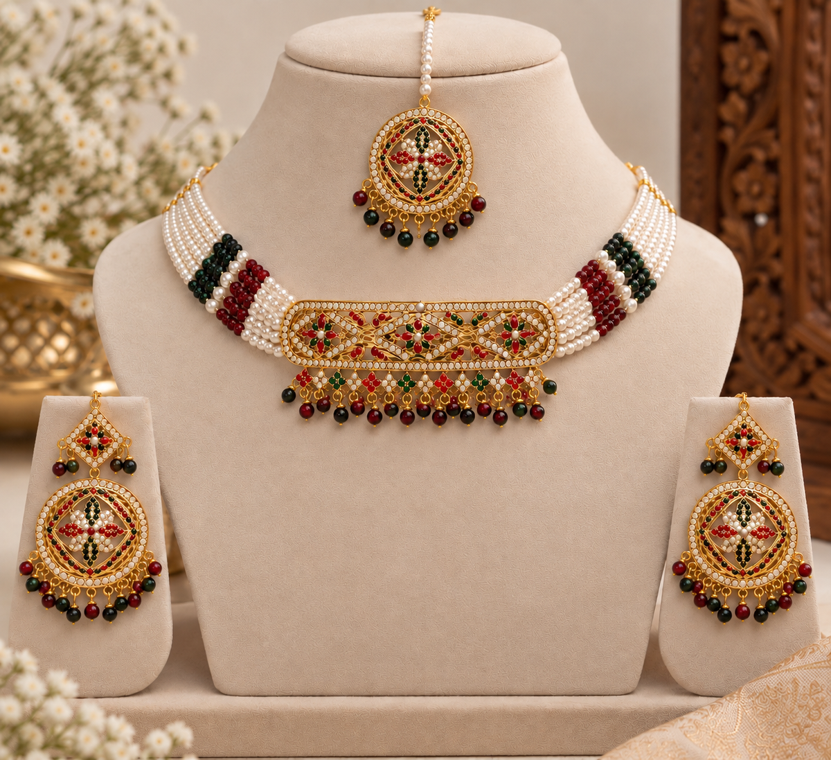 Hyderabadi Jadau Pearl Choker Set with Earrings & Round Maang Tikka