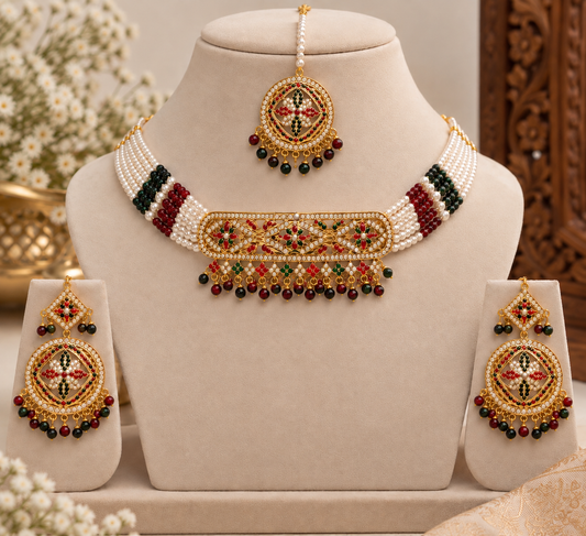 Hyderabadi Jadau Pearl Choker Set with Earrings & Round Maang Tikka