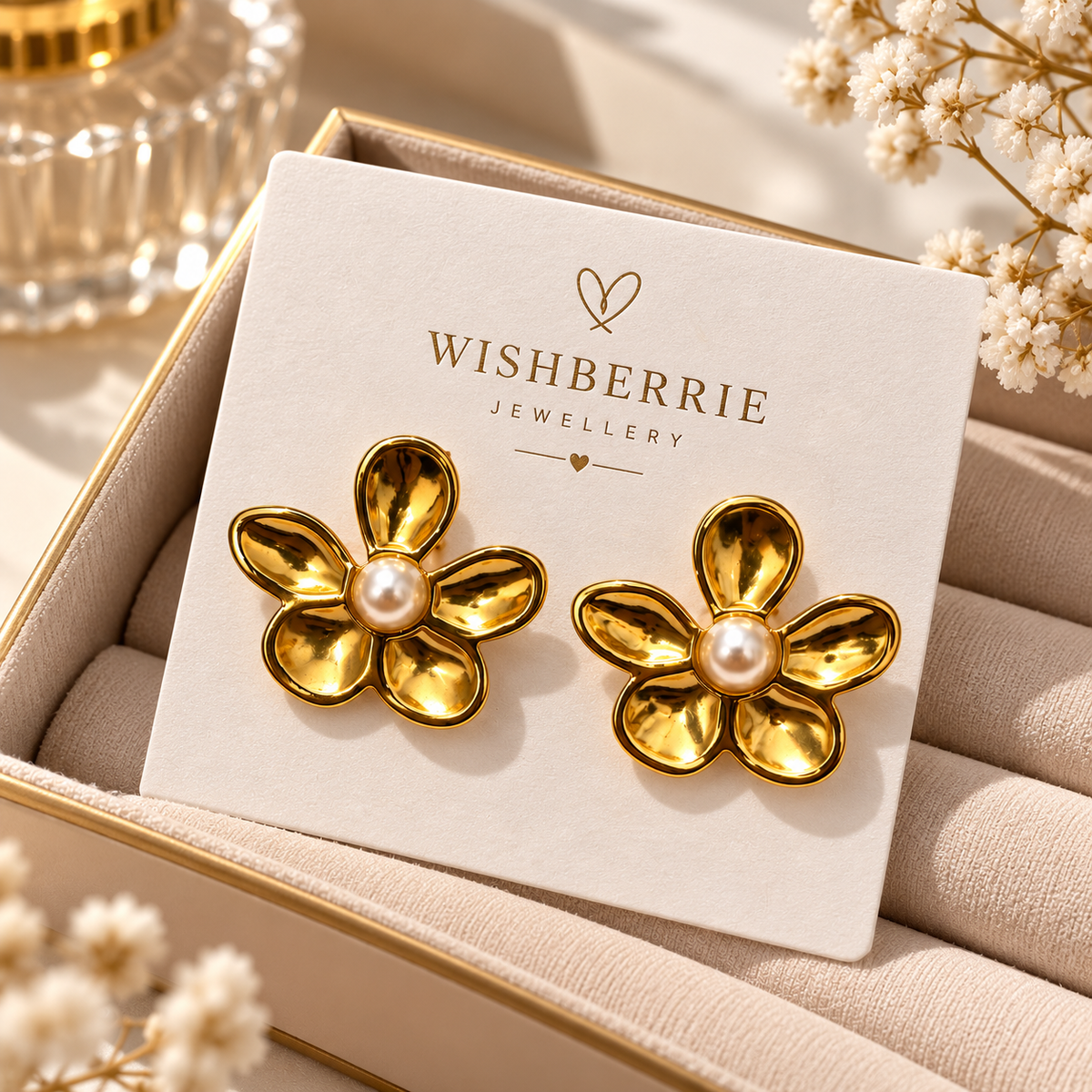 Anti Tarnish Gold Flower Stud Earrings with Pearl | Floral Earrings for Women