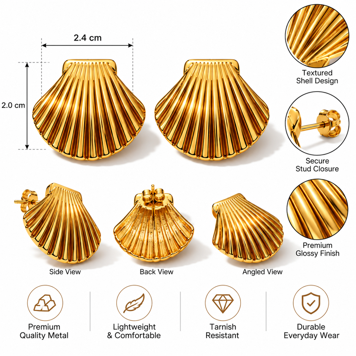 Gold Shell Stud Earrings – Ribbed Seashell Design for Women