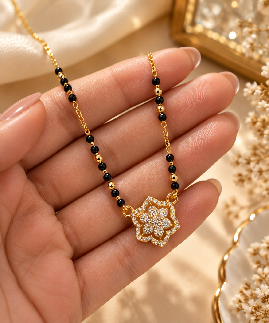 Gold Plated Mangalsutra for Women | Black Beaded Floral CZ Pendant Necklace