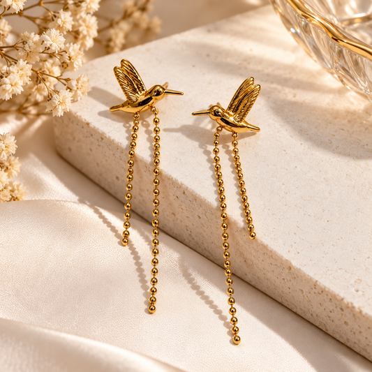 Gold Hummingbird Drop Earrings with Beaded Chain Tassels | Statement Bird Earrings