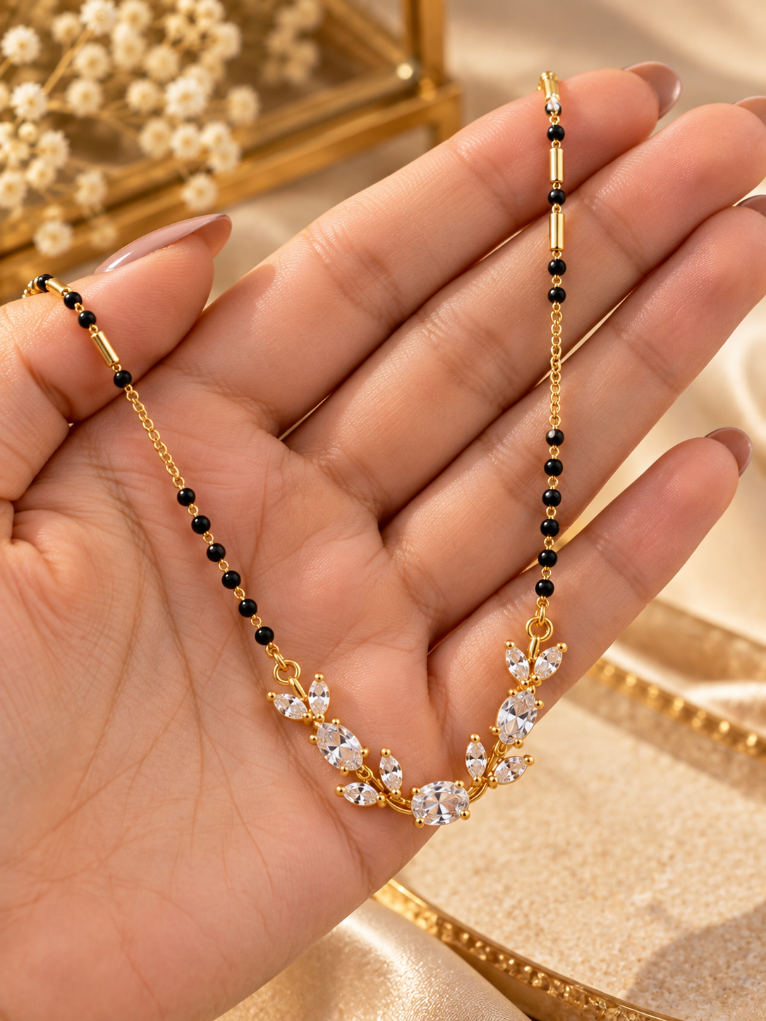 Elegant Floral CZ Mangalsutra Necklace | Gold & Black Beads
