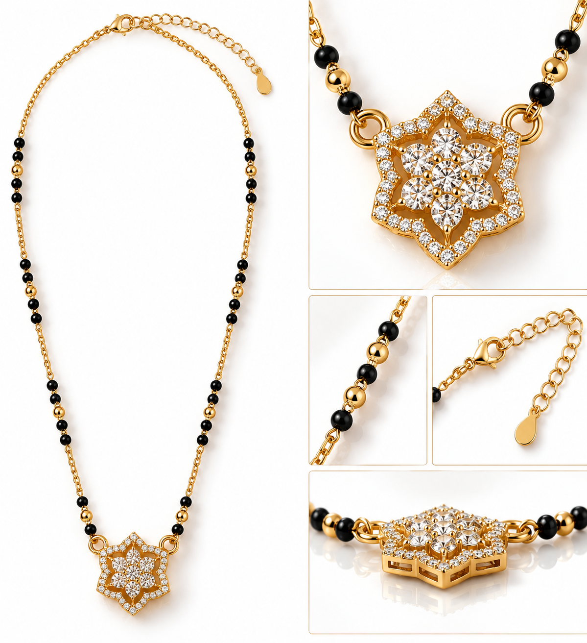 Gold Plated Mangalsutra for Women | Black Beaded Floral CZ Pendant Necklace