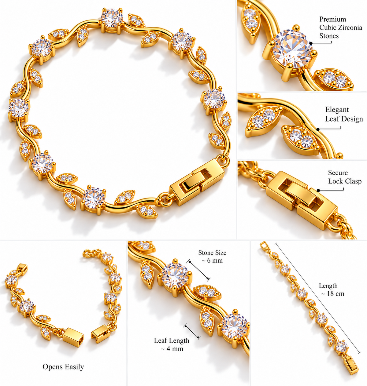 Tulip CZ Vine Bracelet for Women | Elegant Floral Gold-Plated Bracelet