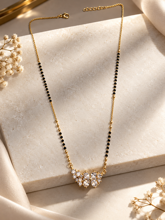 Elegant Butterfly Crystal Mangalsutra – Gold & Black Beaded Necklace