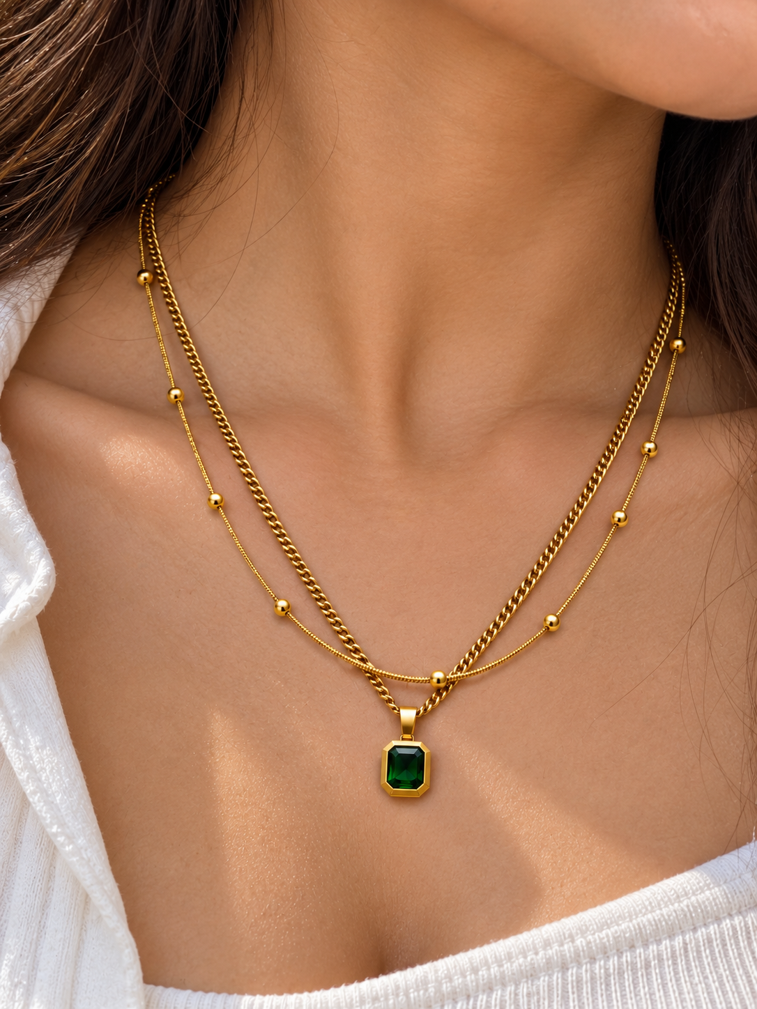 Green Emerald Pendant Necklace for Women | Double Layer Gold-Tone Chain Necklace