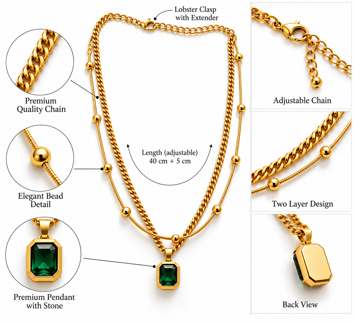 Green Emerald Pendant Necklace for Women | Double Layer Gold-Tone Chain Necklace