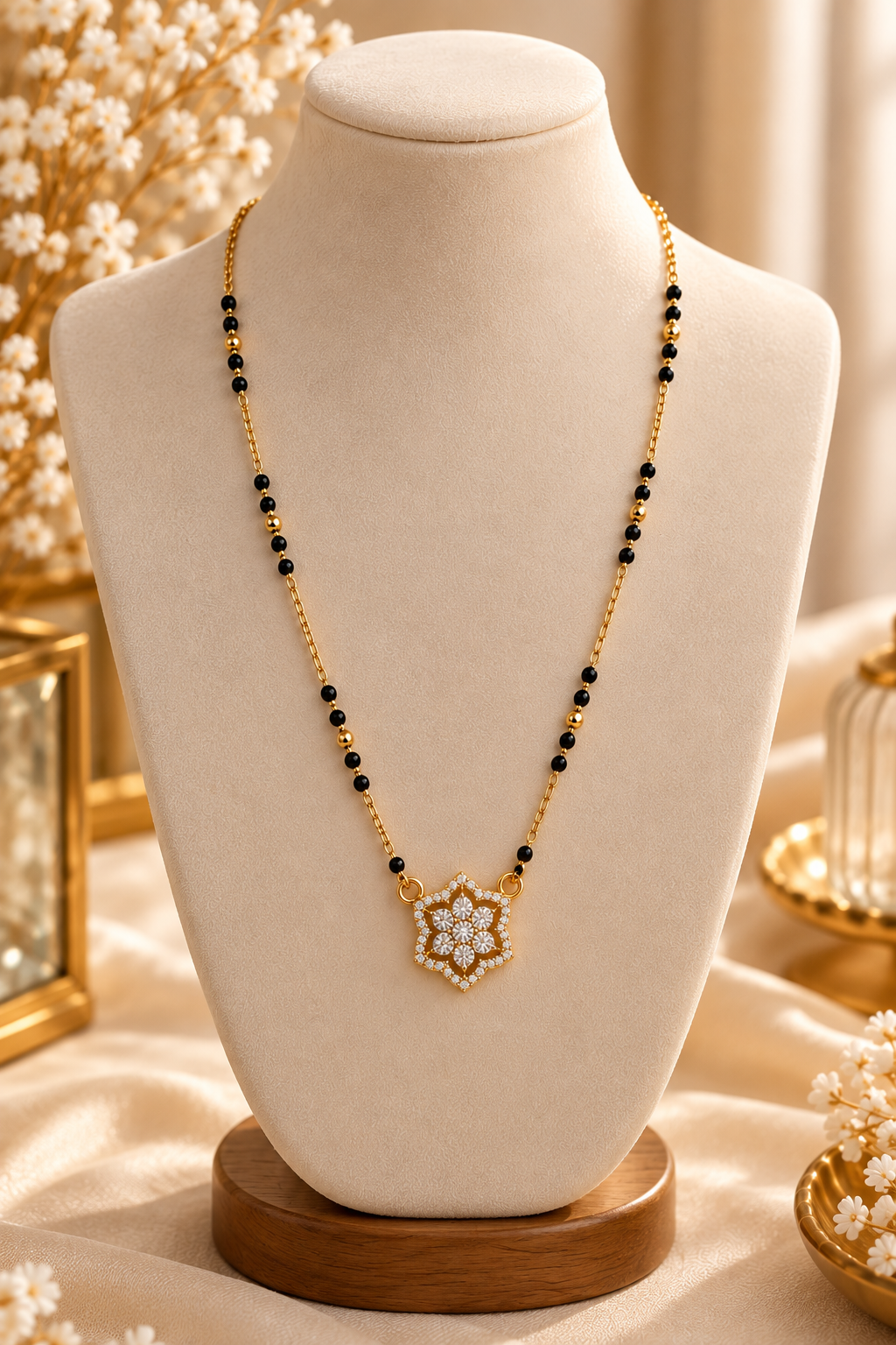 Gold Plated Mangalsutra for Women | Black Beaded Floral CZ Pendant Necklace