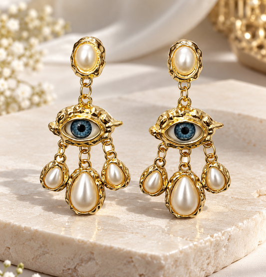 Gold Evil Eye Pearl Drop Earrings for Women | Statement Dangle Earrings