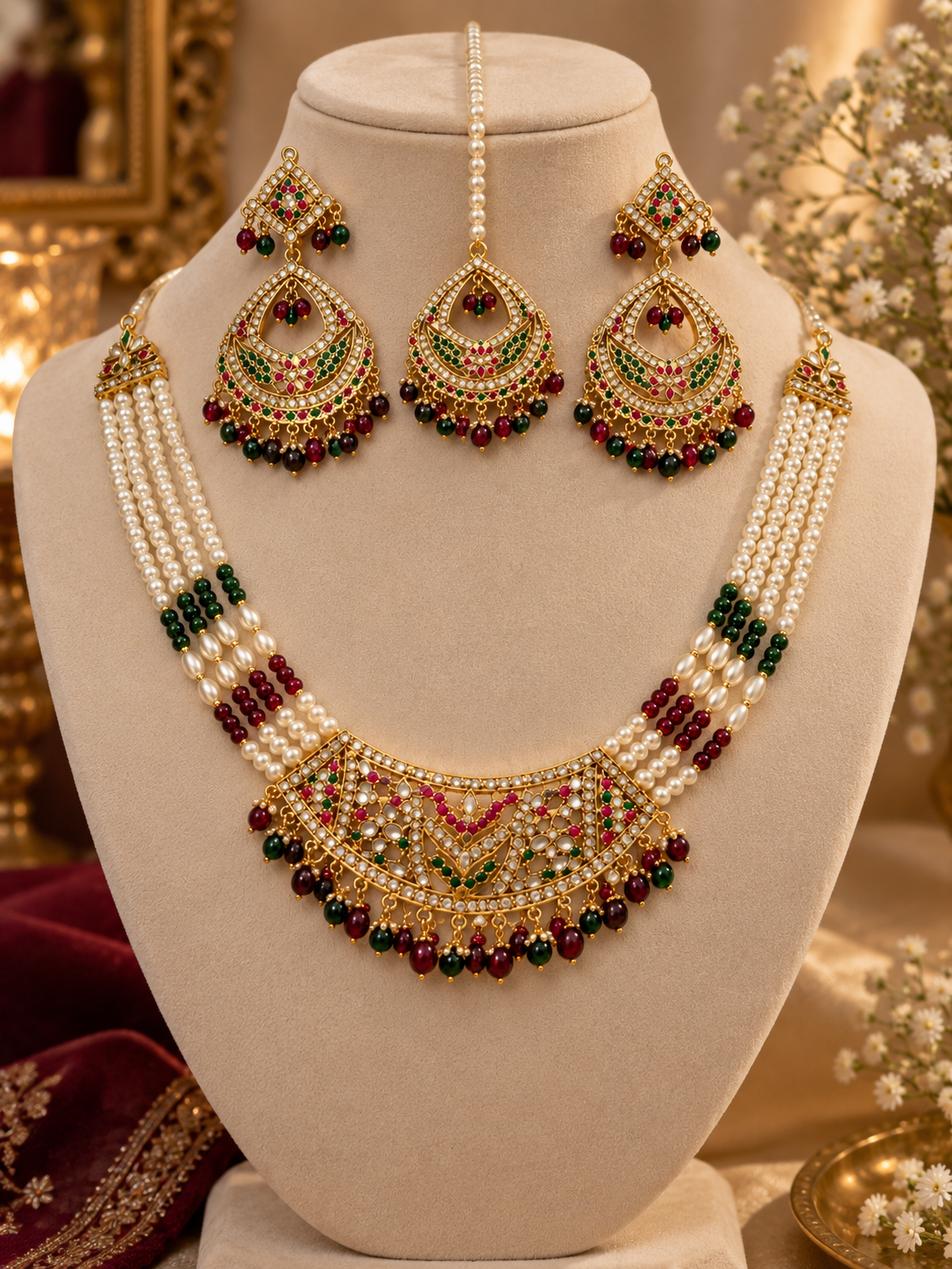 Wishberrie Hyderabadi Jadau Jewellery Set for Women | Traditional Pearl Necklace, Earrings & Maang Tikka | Bridal Wedding & Festive Wear