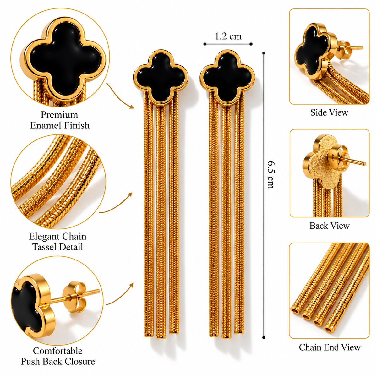 Anti-Tarnish Black Clover Chain Drop Earrings for Women | Gold Long Tassel Earrings