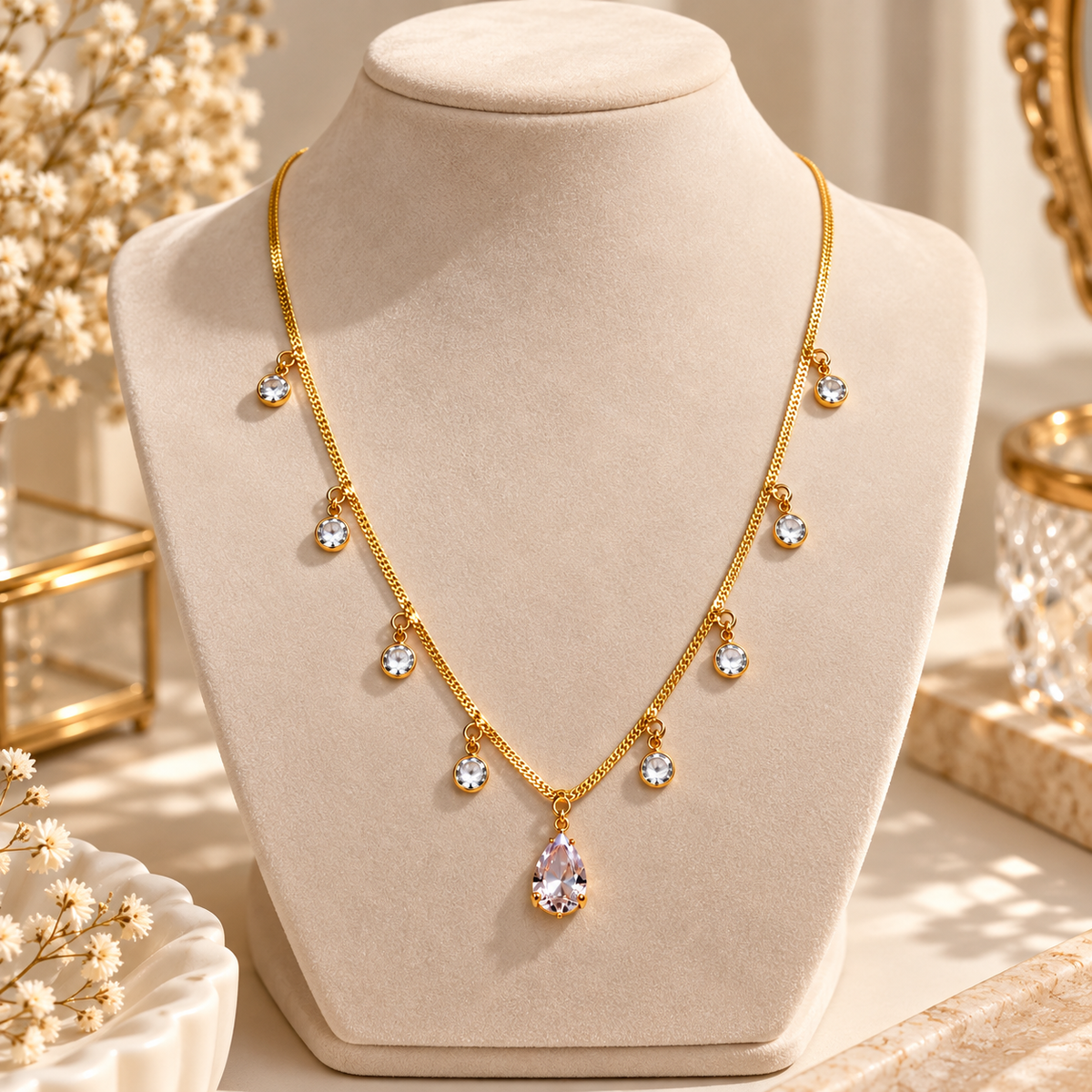 Anti Tarnish Gold Teardrop Pendant Necklace with CZ Charms