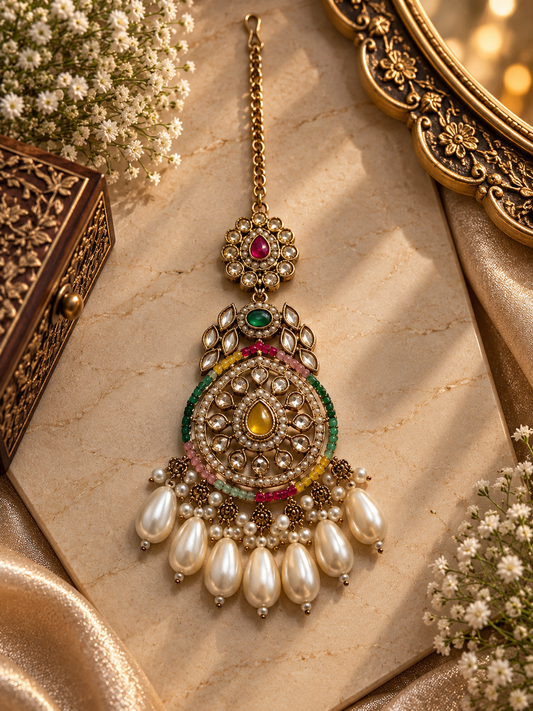 Multicolor Rajasthani Kundan Pearl Maang Tikka