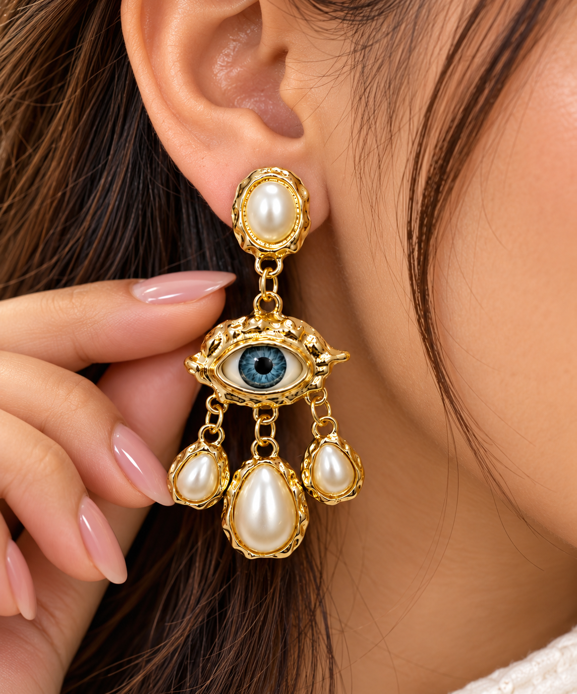 Gold Evil Eye Pearl Drop Earrings for Women | Statement Dangle Earrings
