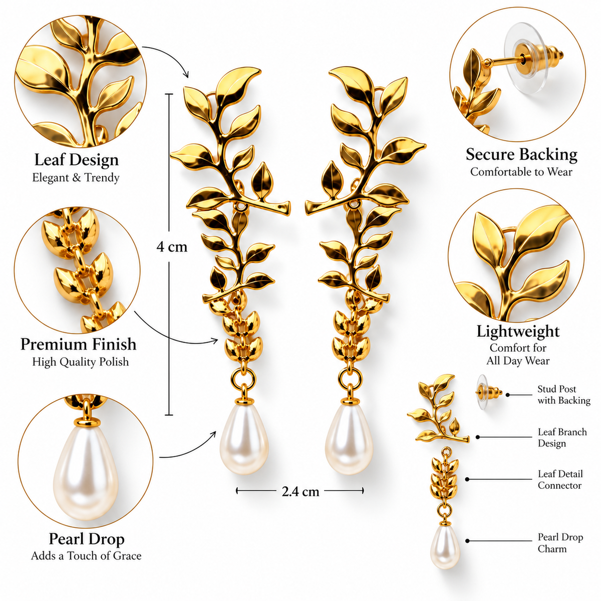 Liora Leaf Pearl Drops | Anti Tarnish Gold Drop Earrings for Women
