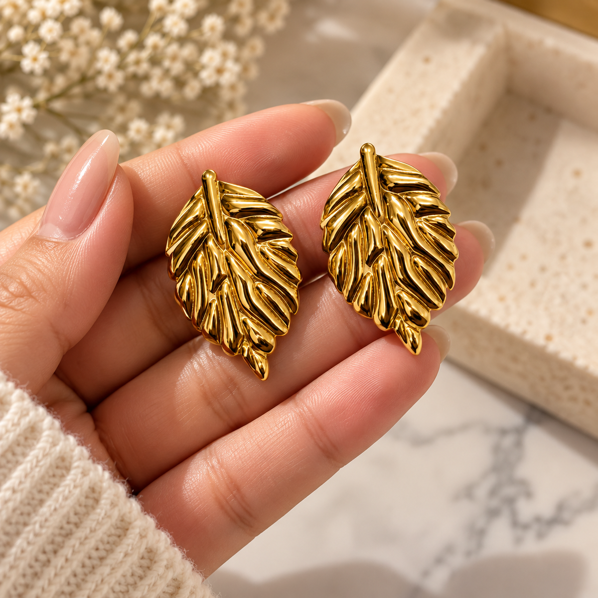 Anti-Tarnish Leaf Earrings for Women | Gold Finish Statement Earrings