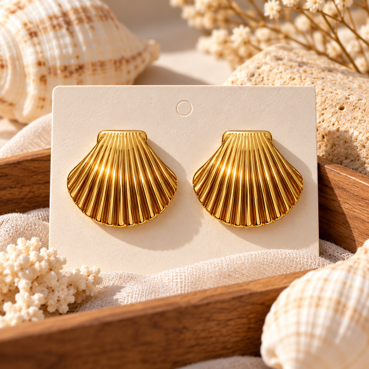 Gold Shell Stud Earrings – Ribbed Seashell Design for Women