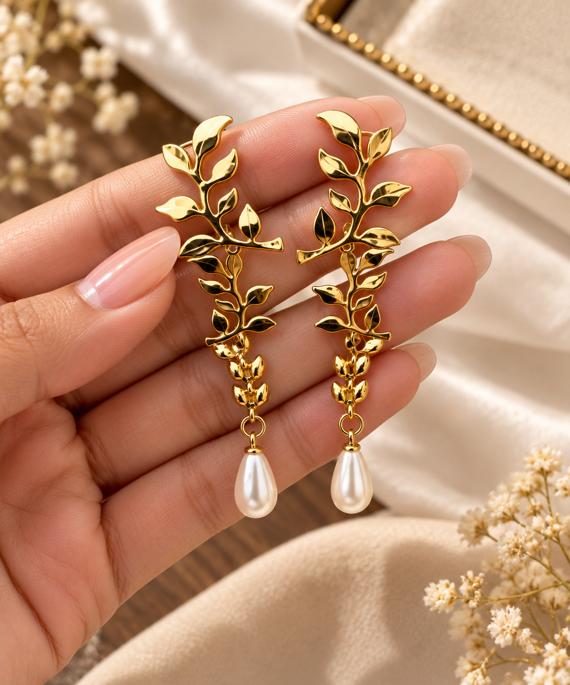 Liora Leaf Pearl Drops | Anti Tarnish Gold Drop Earrings for Women