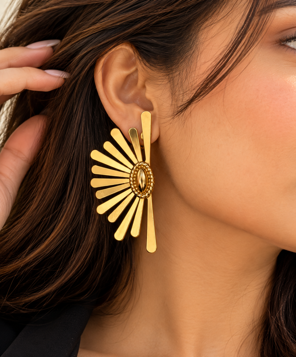 Anti-Tarnish Gold Sunburst Earrings for Women | Statement Fan-Shaped Earrings