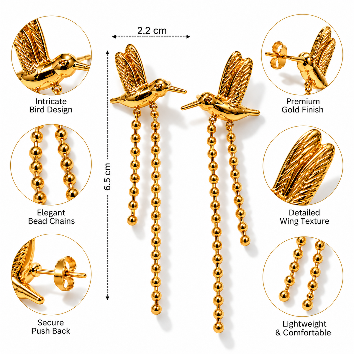 Gold Hummingbird Drop Earrings with Beaded Chain Tassels | Statement Bird Earrings