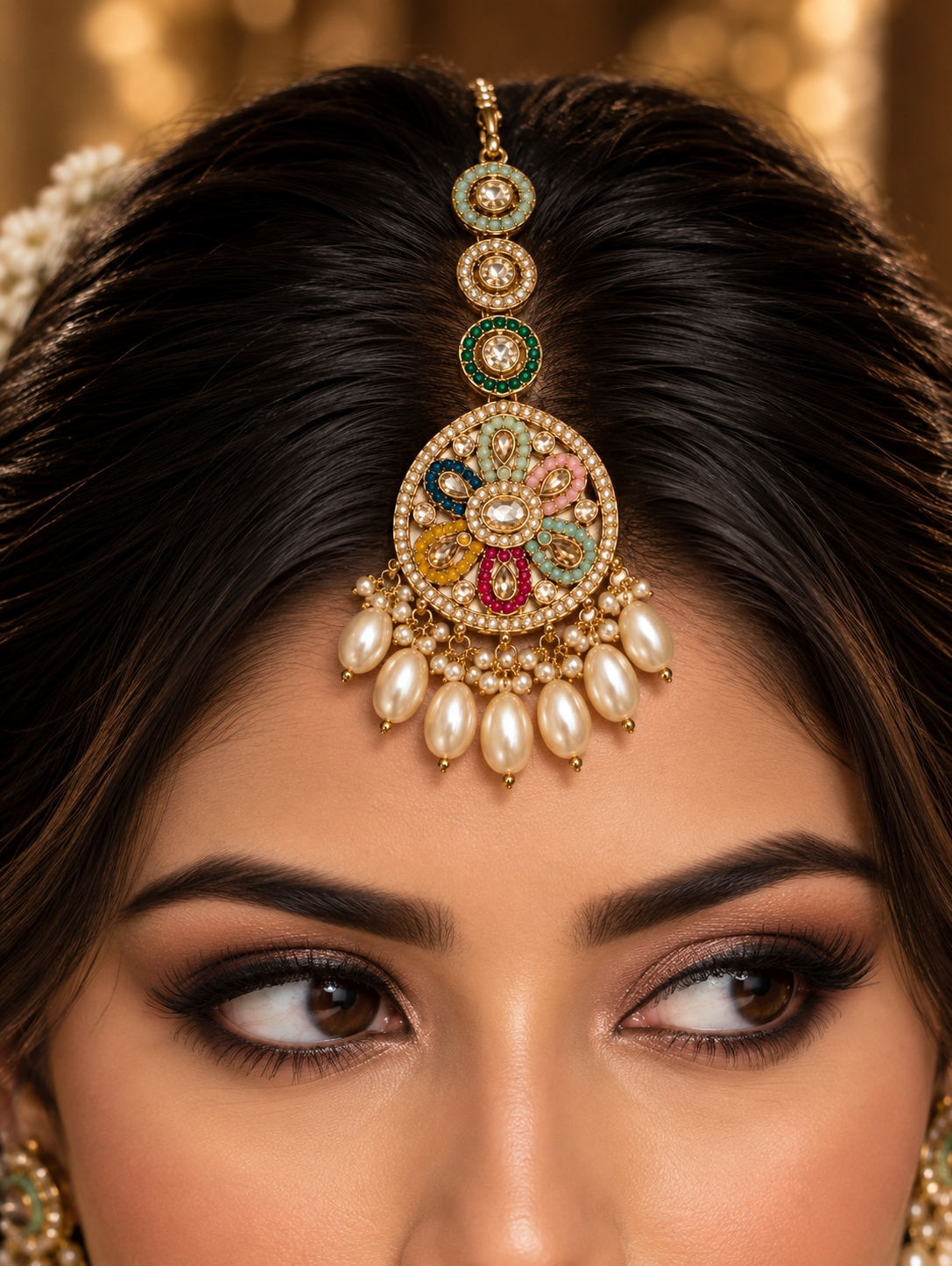 Multicolor Kundan Pearl Bridal Maang Tikka