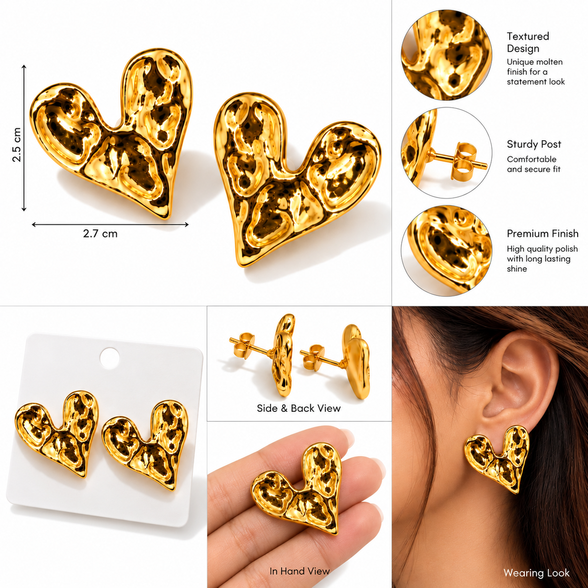 Textured Heart Stud Earrings for Women – Statement Heart Fashion Jewellery