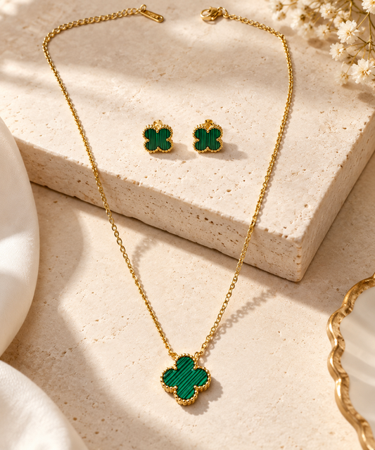 Green Malachite Clover Pendant Necklace & Stud Earrings Set | Gold-Tone Quatrefoil Jewelry